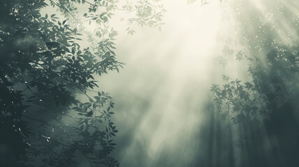 Poster - A mist foggy forest with trees and sunlight shining through the leaves