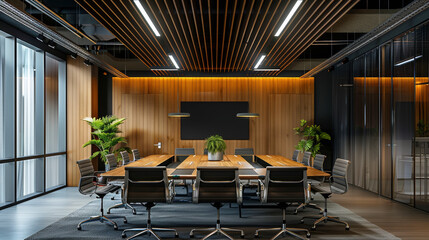 Poster - A large conference room with a wooden wall and a black TV. The room is filled with chairs and potted plants