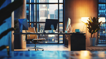 Poster - A desk with a computer and a chair in front of a window. The room is dimly lit and has a modern feel