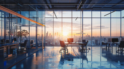 Poster - A large office space with a view of the city and a large window. The room is filled with chairs and desks, and the sun is setting in the background