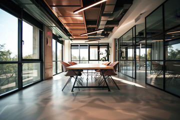 Aufkleber - A large conference room with a long table and chairs. The room is well lit and has a modern feel