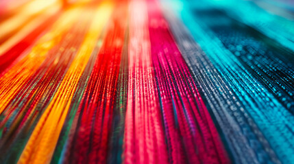 Poster - Bright textile threads with a rainbow pattern as an abstract background. The colors are bright and rich, creating a lively and cheerful mood.