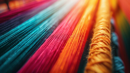 Poster - Bright textile threads with a rainbow pattern as an abstract background. The colors are bright and rich, creating a lively and cheerful mood.