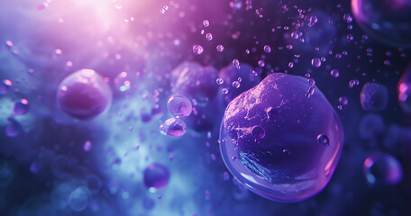 Poster - A bunch of purple bubbles floating in the air. The bubbles are of different sizes and are scattered all over the image. Scene is light and playful