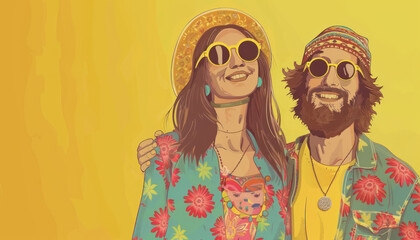 cheerful couple dressed in retro hippie style with colorful flowers on a yellow background