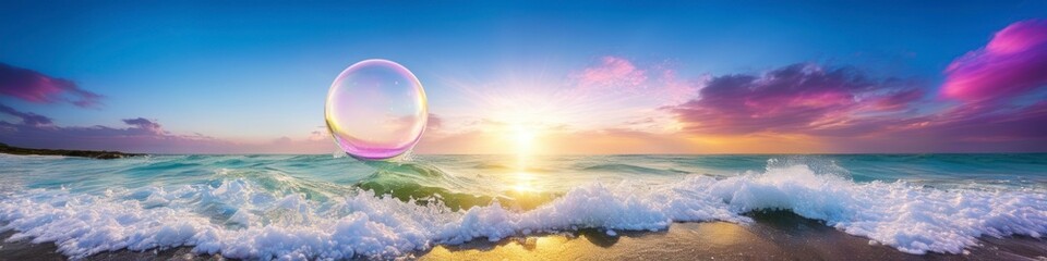 Wall Mural - Abstract midsummer colorful illustration bubble on water on sunset blurred background, space for text.	