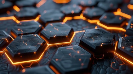 Wall Mural - : A 3D illustration of dark hexagonal shapes with glowing edges, presenting a futuristic vibe, abstract render generative ai images