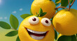 A cartoon lemon with a big smile on its face, hanging from a tree branch.