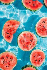 Wall Mural - overhead view of watermelons floating in a summer swimming pool