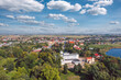 Aerial skyline cityscape of Miłosław, a town in Września County, Greater Poland Voivodeship (Wielkopolska), Poland on a sunny summer day.