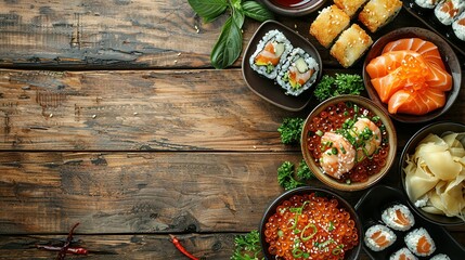 Asian food served on white wooden table and black background, top view, space for text.