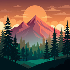 Wall Mural - Nature’s Palette: A Vibrant Vector Illustration of a Colorful Mountain Landscape with Sun and Trees