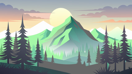 Wall Mural - Nature’s Palette: A Vibrant Vector Illustration of a Colorful Mountain Landscape with Sun and Trees