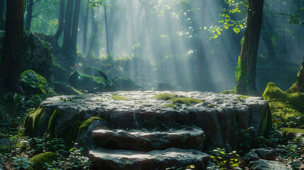 Wall Mural - Flat stone podium in the magical forest , empty round stand background.