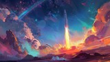 Fototapeta  - A rocket soars across a digitally painted sky, leaving a trail that turns into a vibrant rainbow, merging science with wonder.