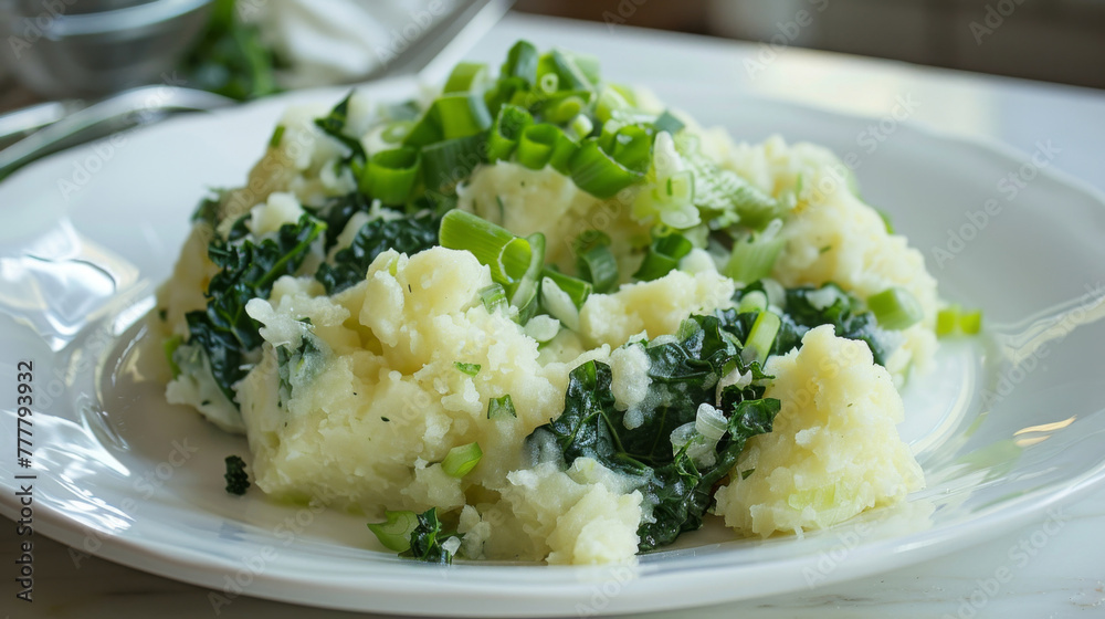 Hearty plate of colcannon, a classic irish mashed potatoes with kale ...