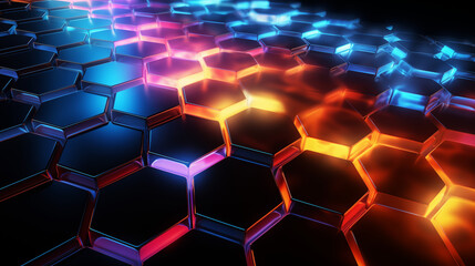 Poster - Vibrant Hexagonal Pattern with Neon Glow on Dark Background