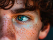 Close-up of the blue look and freckled face of an attractive young model.