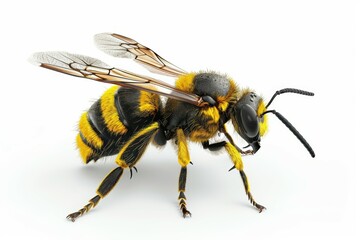 Wall Mural - A yellow and black bee is standing on a white background