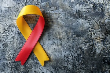 Wall Mural - A ribbon with a red and yellow stripe is on a grey background