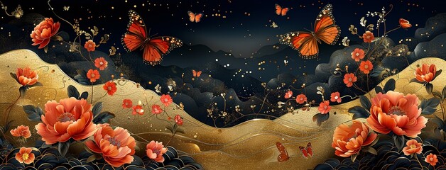 Wall Mural - Luxury gold oriental style background vector. Chinese and Japanese wallpaper pattern design of elegant butterflies and peony flower with gradient gold line texture. Design for decoration, wall decor