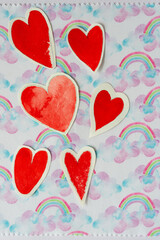 Poster - decorative cloth with rainbows and clouds and set of paper hearts