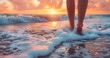 Woman's Feet Meet Sea Waves on Beach at Sunset