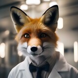 Fototapeta  - A fox wearing a scientist's lab coat and conducting experiments1