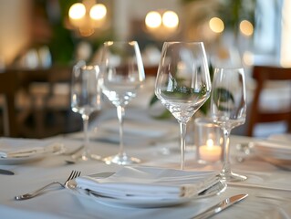 A table with a white tablecloth and a set of wine glasses and forks