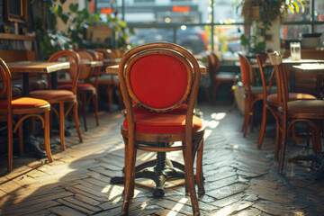Wall Mural - a stack of overturned chairs in a restaurant, suggesting a hasty evacuation or disorderly exit. conc