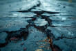 A cracked pavement with tire marks leading off the road, suggesting a vehicular accident or reckless driving. Concept of traffic-related incidents. Generative Ai.