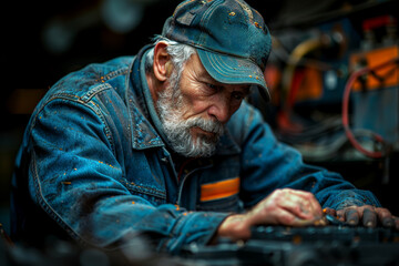 Poster - a skilled mechanic diagnosing and repairing complex automotive issues with ease, restoring vehicles 