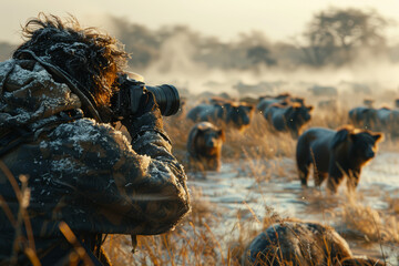 A wildlife photographer capturing images of animals in their natural habitat, blending into the distant scenery. Concept of conservation and biodiversity. Generative Ai.