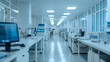 A long and bright laboratory hallway with lab equipment on both sides