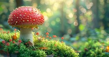 Amanita Muscaria Toadstools Amidst Green Forest Blur