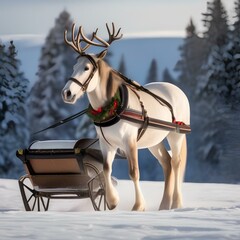 Wall Mural - A horse wearing reindeer antlers and pulling a sleigh in the snow1