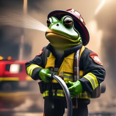 Wall Mural - A frog wearing a firefighter helmet and holding a hose for Fire Prevention Week1