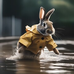 Wall Mural - A rabbit wearing a raincoat and jumping in puddles in the spring2