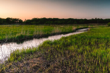 Wall Mural - A small picturesque river among a green meadow during sunset. Small river in the countryside. Feeling of freedom, happiness, nostalgia. Tavrichanka, Primorsky Krai, Russia