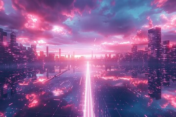 Wall Mural - Neon grid, retro synthwave, virtual landscape