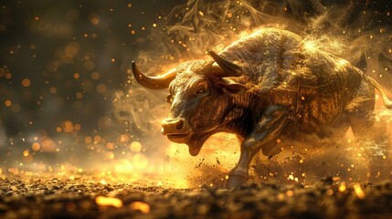 Wall Mural - Golden bull charging in sparks, market surge visual,