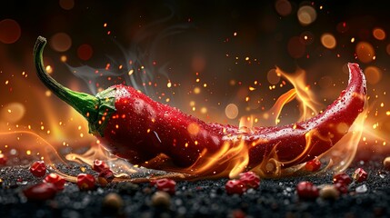 Wall Mural - fresh hot red chili pepper on a black background, fiery hot seasoning
