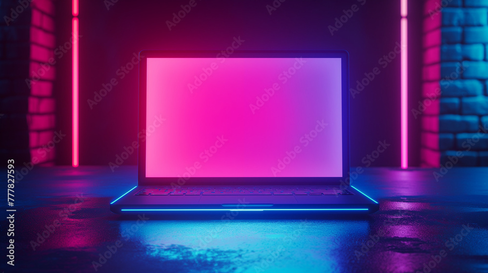 Neon Small Computer A portable neon computer with a blank screen and a desk in a dark room ...