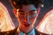 Close-up of Cupid in 3D, chic glasses and a tailored tuxedo, exuding charisma and charm, with a soft glow around