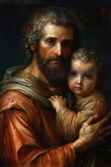 Wall Mural -  Tenderness of saint Joseph, a touching portrayal of the paternal love and guidance shared between st. Joseph and boy Jesus Christ, capturing a timeless bond of faith and devotion in sacred art