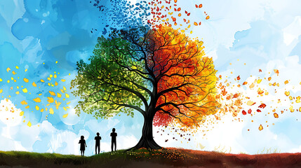 Wall Mural - a stylized, colorful tree undergoing the seasonal transition from summer to autumn.