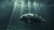 The main subject is a manatee, a large marine mammal with greyish-brown skin, floating or swimming underwater.