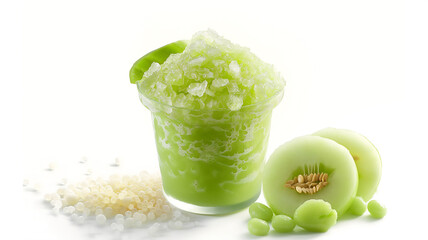 green slush in a cup with tapioca pearls, next to sliced honeydew and melon balls.