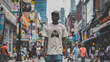 A black man walks through a bustling city street his outfit a nod to the pioneers of streetwear culture. With a vintage band tee baggy jeans and a snapback hat he embodies the raw .