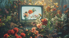 A Computer Monitor Is Surrounded By A Garden Of Flowers. The Flowers Are In Various Colors And Sizes, And They Are Arranged In A Way That Makes The Computer Screen Look Like A Window Into A Garden